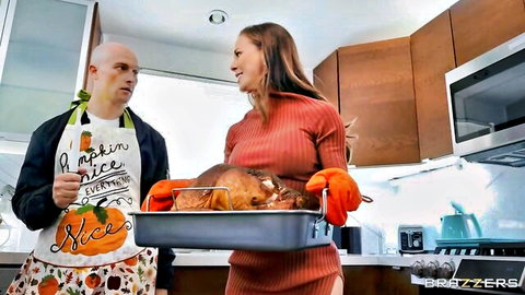 Cherie DeVille as sexy brunette MILF chef with turkey, apron tease