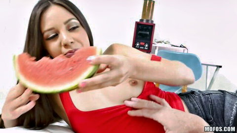 Lucy Doll slender beauty in red tank top, teasing with watermelon and hand groping breast