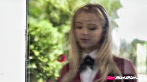 Blonde teen Riley Star in sexy school uniform, pensive outdoor gaze