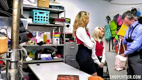 Two blonde schoolgirl shoplifters in short plaid skirts tease security guard with asses in backroom