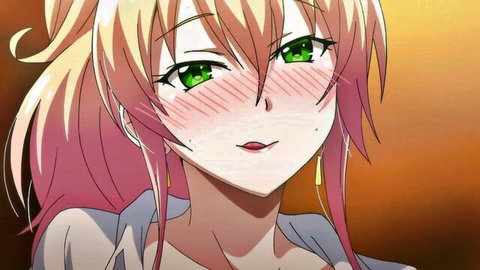Blushing blonde anime girl with green eyes in hentai gal style, Yukana Yame