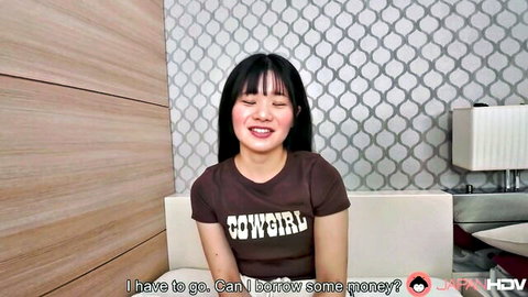 Cute Japanese girl in tight cowgirl shirt smiling seductively begging for money JAV tease