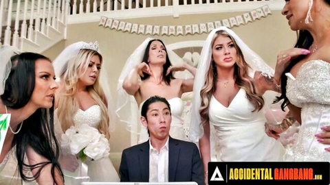 Five busty brides in wedding dresses surround surprised man in reverse gangbang bridal scene