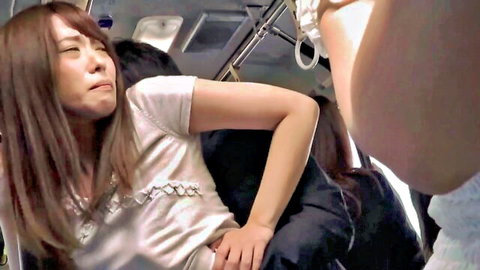 Busty Asian girlfriend molested by older man on bus, hand between legs
