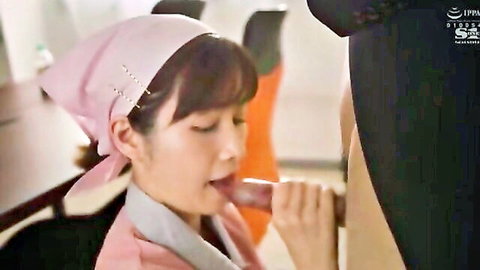 Japanese actress Okuda in pink uniform giving intense blowjob