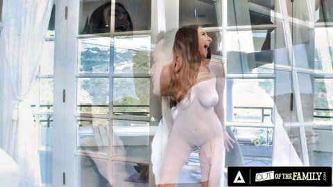 Busty Penelope Kay in see-through bodysuit teases stepdad through glass door