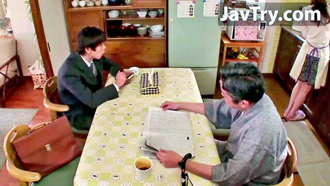 Japanese housewife in apron and skirt with two men in kitchen, JAV friend's wife scene