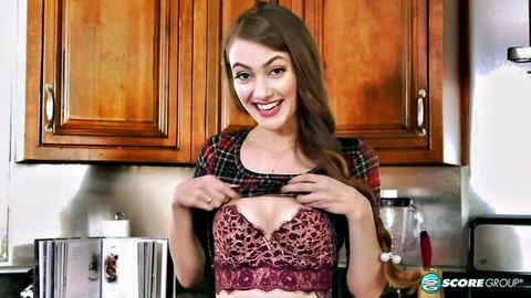 Samantha Hayes teasing cleavage in lacy red bra and plaid shirt