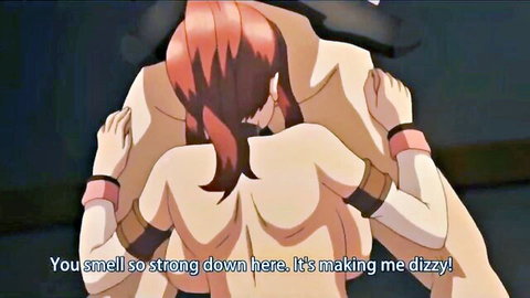 Redhead anime girl sniffs muscular guy's crotch from behind with her big ass out