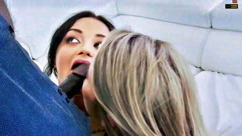Brunette deepthroats massive BBC while blonde joins in intense threesome blowjob