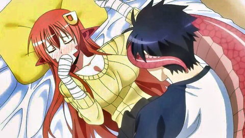 Anime lamia monster girl in yellow sweater embraced by snake-tailed guy