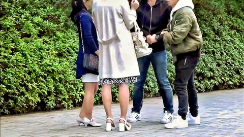 Group of sexy Asian MILFs in skirts and heels chatting with man outdoors