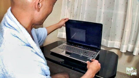 Asian man in bathrobe at laptop, teasing MILF rough fuck encounter