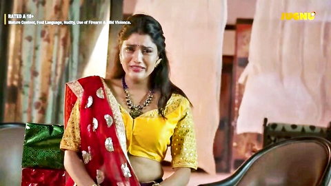 Emotional Indian MILF in red saree and yellow blouse, naughty erotic scene