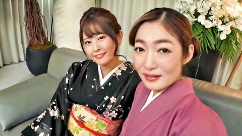 Ryu Enami and Rion in sexy kimonos, smiling intimately