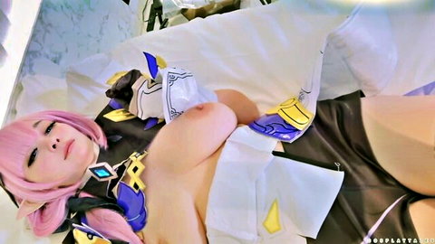 Elysia cosplay girl with pink hair exposing huge tits on bed
