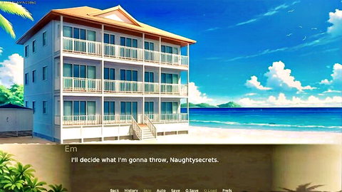 Anime beach house resort with ocean view and Naughty Sisters visual novel dialogue box
