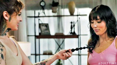 Vanessa Vega and Vanessa Sky lesbian tease with beads, tattooed Latinas