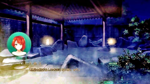 Red-haired anime girl in steamy outdoor hot spring bath scene