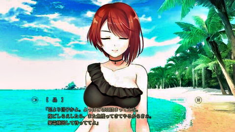 Anime redhead with huge tits in skimpy black ruffled swimsuit on beach