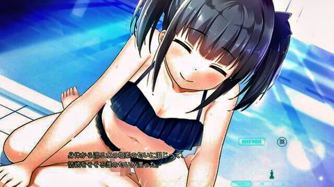 Cute anime girl with black twin tails in skimpy black bikini smiles poolside with legs spread