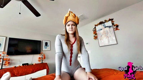 Ava Marina as Russian step-sis in Thanksgiving turkey hat and gray bodysuit