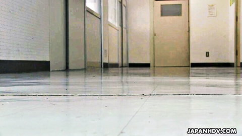 Japanese student Sayaka Aishiro in school hallway, blowjob to professor