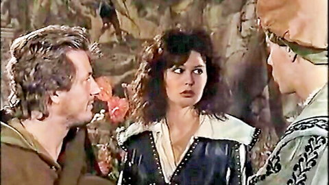 Retro vintage scene of brunette woman in black dress with two men in period costumes