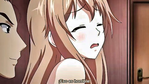 Blonde anime girl blushing embarrassed in hentai scene Kuro no Kyoushitsu 2