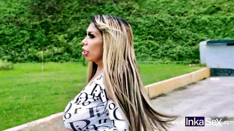 Sharon in low-cut top showing big cleavage outdoors, Inka Sex tease