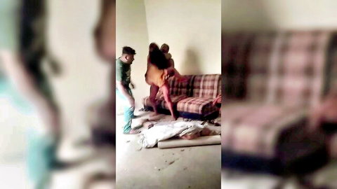 Blurry Indian Pakistani homemade threesome with woman bent over couch
