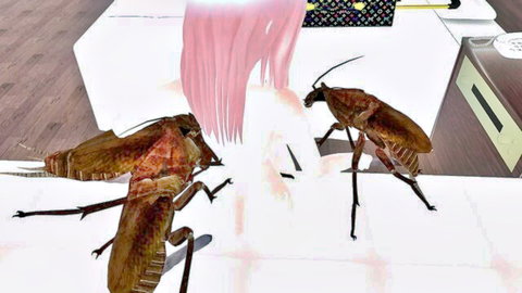 Lilia in hotel room with pink hair and insects, mysterious adult scene