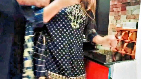 Desi hotwife in black embroidered dress embraced in kitchen tease