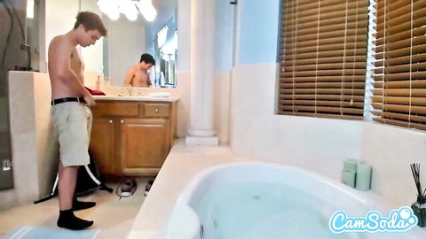 Athletic young man dropping pants in bathroom mirror on Camsoda