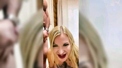 Blonde big tits mature bimbo sucking cock for older man in shower