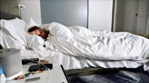 Stella Barey sleeping peacefully in bed, FamilyTherapy XXX tease with Harper Red