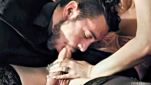 Bearded man orally pleasuring shemale in threesome with lingerie-clad MILF