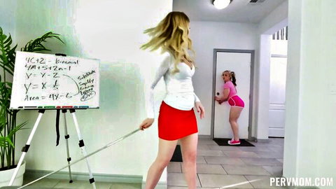 Sydney Paige as busty blonde stepmom in red skirt teaches math lesson
