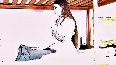Slim brunette in white top with jeans down in intimate hostel pose