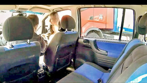 Blonde woman with saggy breasts in amateur car sex encounter