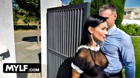 Sasha Rose as tiny MILF in sheer French maid outfit embracing man intimately