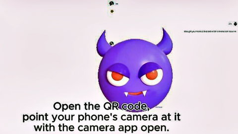 Purple devil emoji face with QR code and phone camera scan instructions
