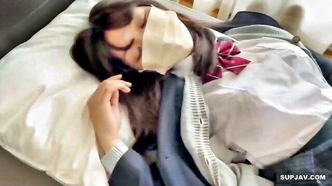 Asian schoolgirl sleeping in uniform with face mask, JAV thumbnail