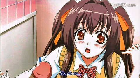 Anime schoolgirl in uniform surprised by huge cock in hentai oral scene