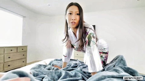 Skinny Asian with small tits crawls on bed in open robe exposing perky nipples POV