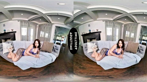 Curvy brunette babe in purple lingerie teasing big tits and ass on couch in VR POV