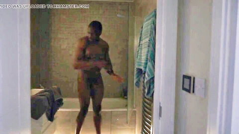 Muscular ebony man nude in bathroom, starring April in creampie scene