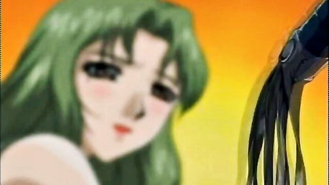 Green-haired hentai babe's cute face teased by thick black tentacle swinging near her open mouth