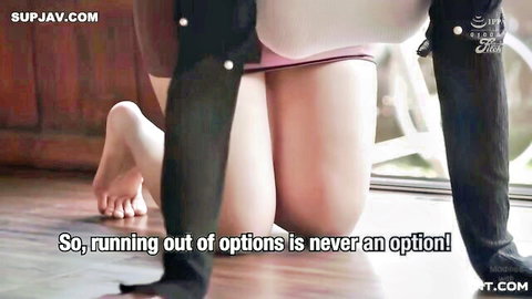 Japanese girl in black thigh-high stockings kneels seductively flashing pink panties