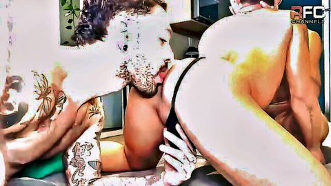 Tattooed bearded hunk with cum on face rims muscular tattooed ass in gay threesome